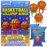 Sweetzo front packaging showing 18-count basketball ring favors and storage convenience