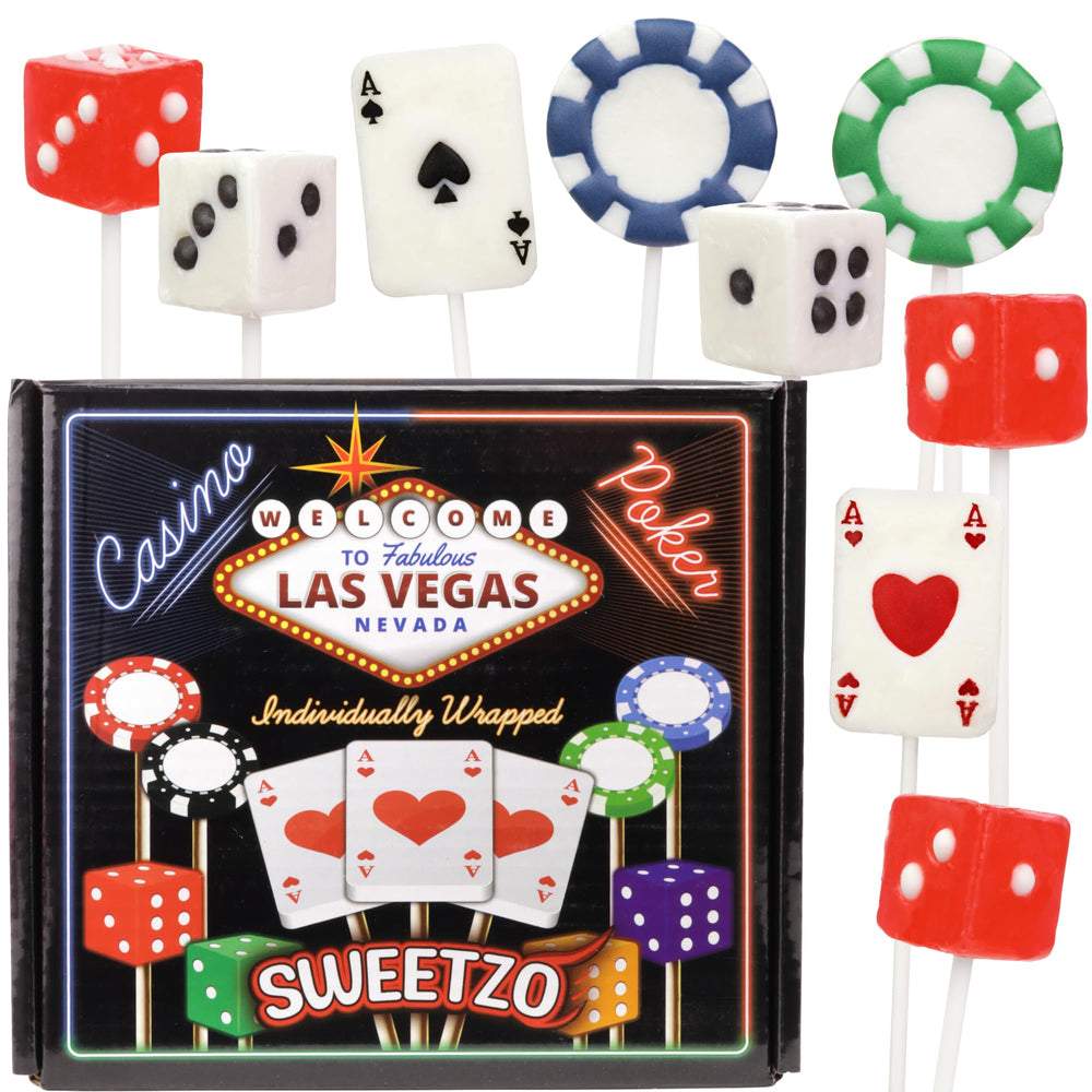 Sweetzo front packaging showing 24-count casino lollipops, great for parties