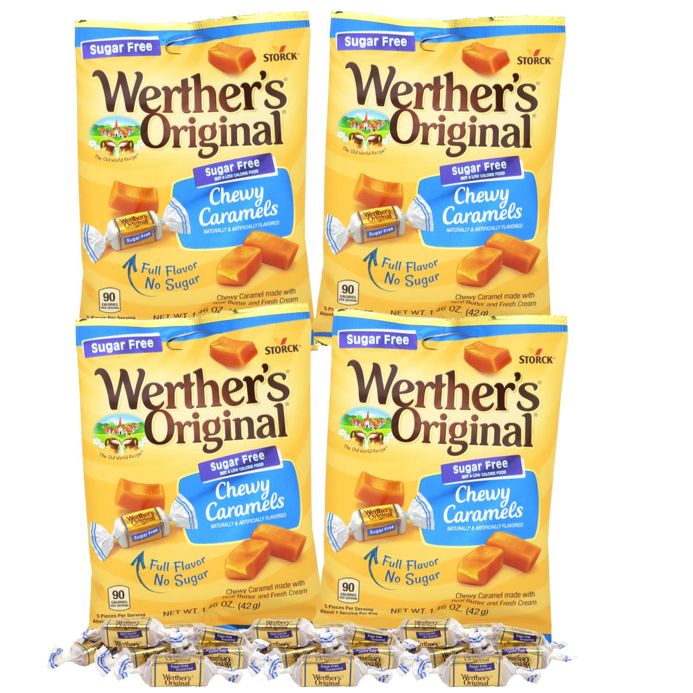 Sweetzo Werther's front packaging showing four 1.46 oz pouches and clear branding, convenient storage