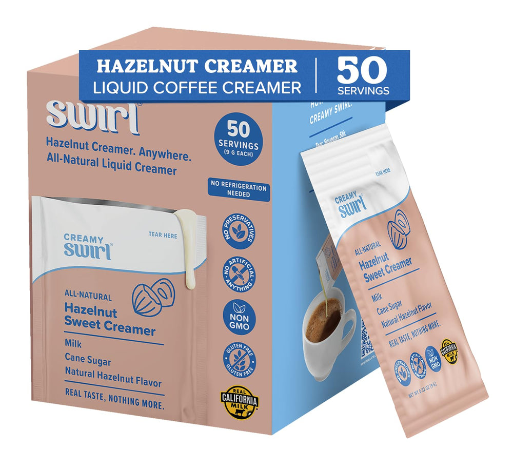 Swirl front packaging showing 50-pack and hazelnut flavor benefit convenience