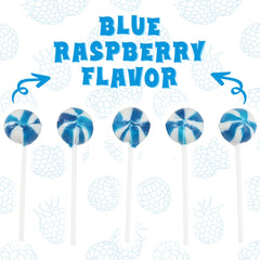 SWIRLEEY unwrapped lollipop detail showing texture and blue raspberry color