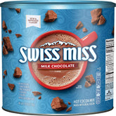 Swiss Miss canister front view showing label and size, convenient pantry supply