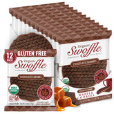 Swoffle front packaging showing chocolate caramel wafers and organic label for snack convenience