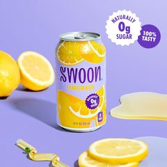 Swoon can close-up label highlighting natural lemon concentrate and zero sugar benefit