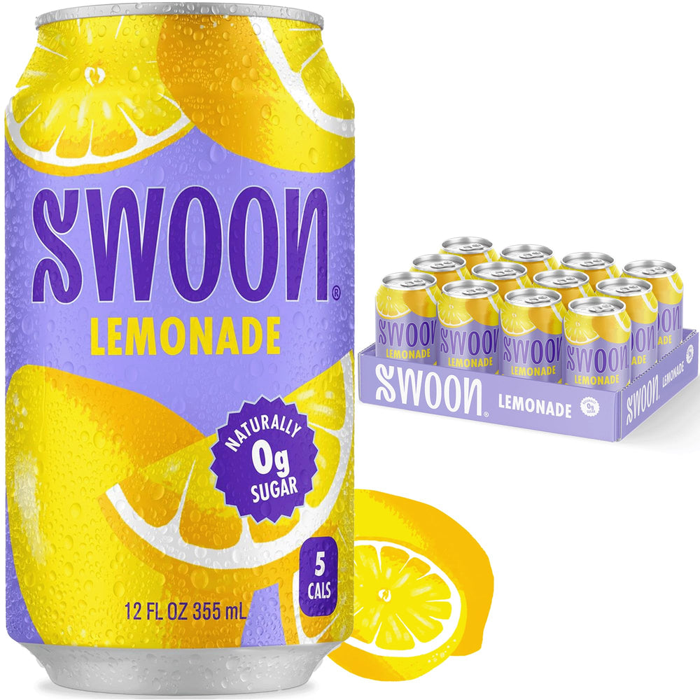 Swoon front packaging showing 12-pack and vibrant lemon branding benefits convenience