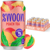 Swoon can front packaging showing peach tea label and low-calorie benefit