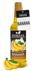 Syruvia front bottle view showing banana syrup and clear label, highlights convenience