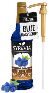 SYRUVIA bottle front label showing bold blue raspberry flavor and pump, clear branding benefit