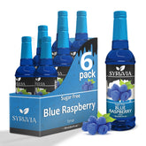 Syruvia bottle front packaging showing blue raspberry syrup, clear branding and volume