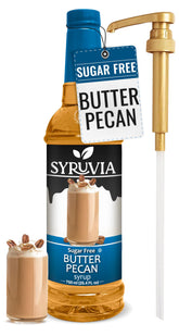 SYRUVIA bottle front view showing butter pecan flavor and pump for quick serving