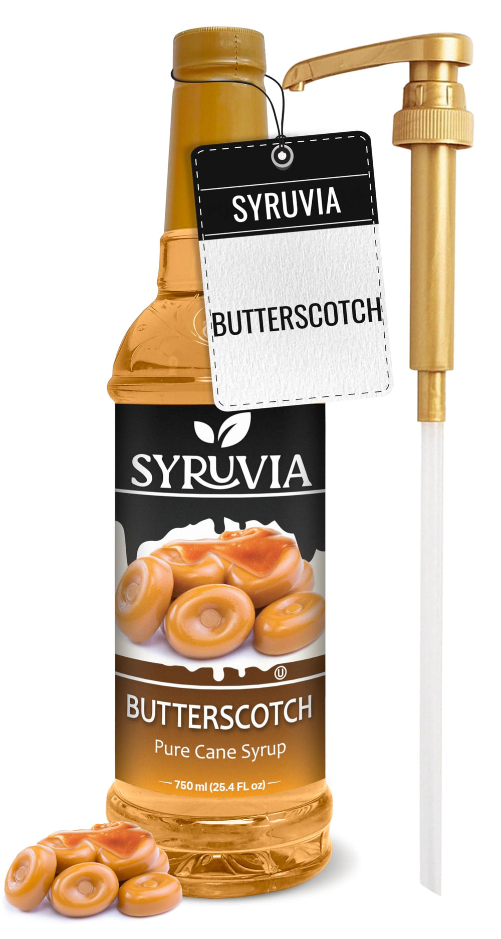 SYRUVIA front label view showing butterscotch flavor and pump convenience
