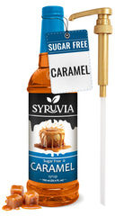 SYRUVIA bottle front label showing caramel flavor and pump for easy use