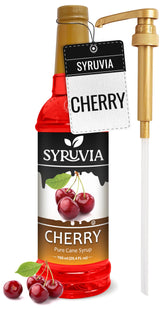 SYRUVIA front bottle view showing cherry syrup and easy-pour pump benefit