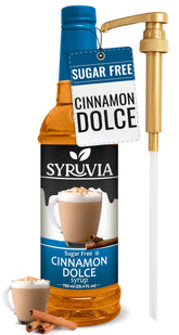 SYRUVIA front packaging showing cinnamon dolce flavor and bottle benefits