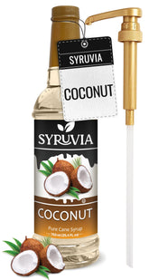Syruvia coconut syrup bottle front view showing label and size benefit