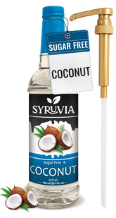 Syruvia bottle front view showing coconut flavor and pump for easy pouring