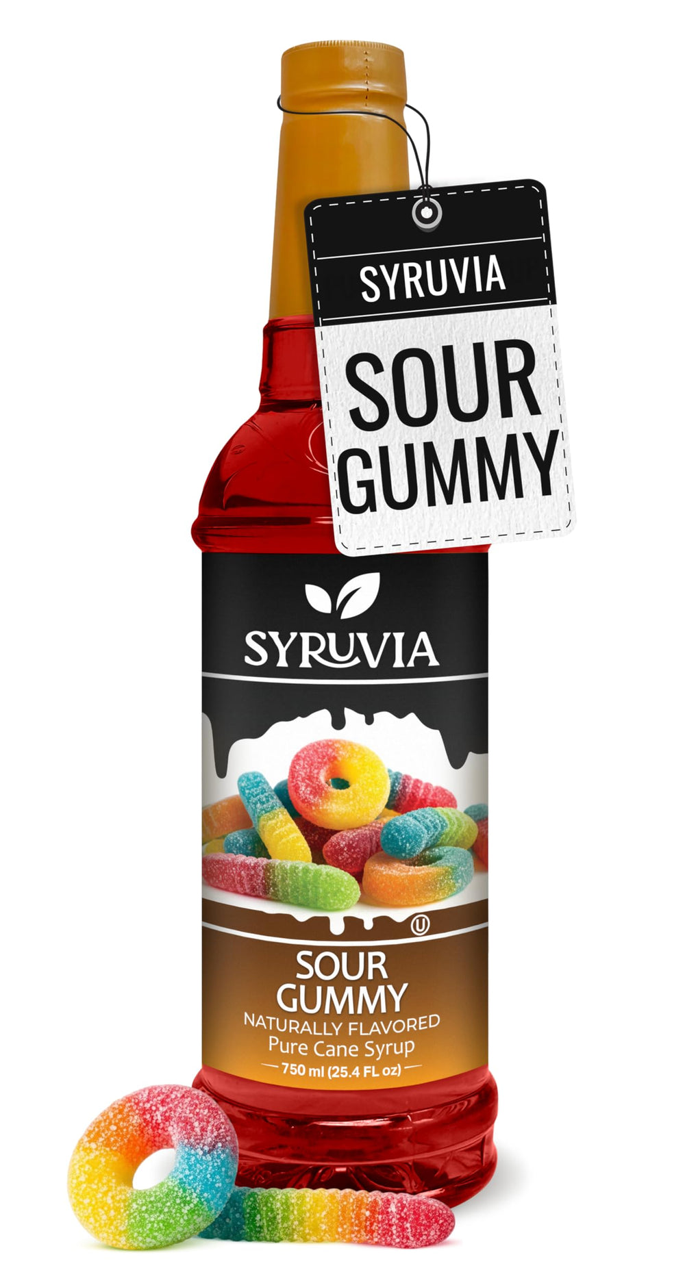 SYRUVIA front bottle showing sour gummy label and vibrant color benefit clarity