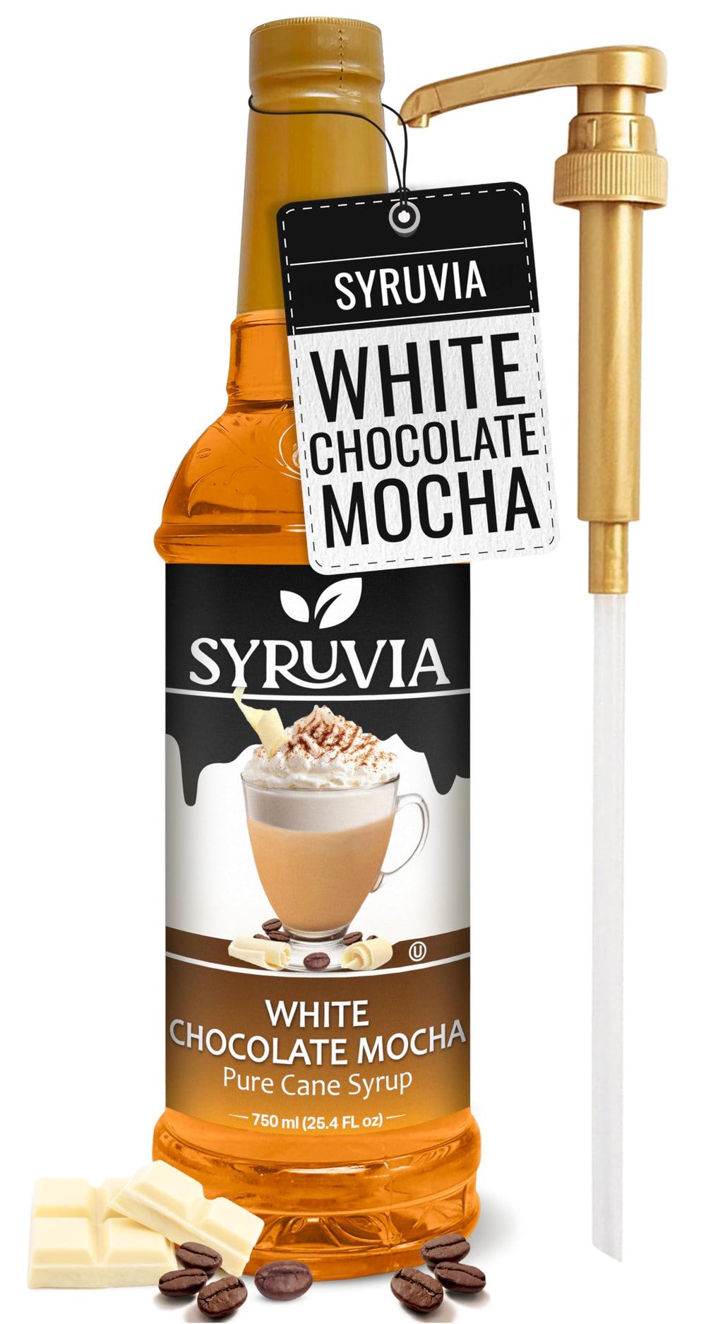 SYRUVIA front bottle showing label and pump, highlights convenience and flavor
