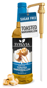 SYRUVIA front bottle shot showing toasted marshmallow flavor and pump benefit