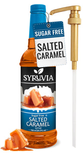 SYRUVIA front label on 25.4 fl oz bottle showing salted caramel branding and pump benefit