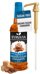 SYRUVIA bottle front label showing brown sugar cinnamon flavor and pump for easy pouring