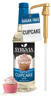 SYRUVIA front label showing cupcake flavor and pump for accurate servings