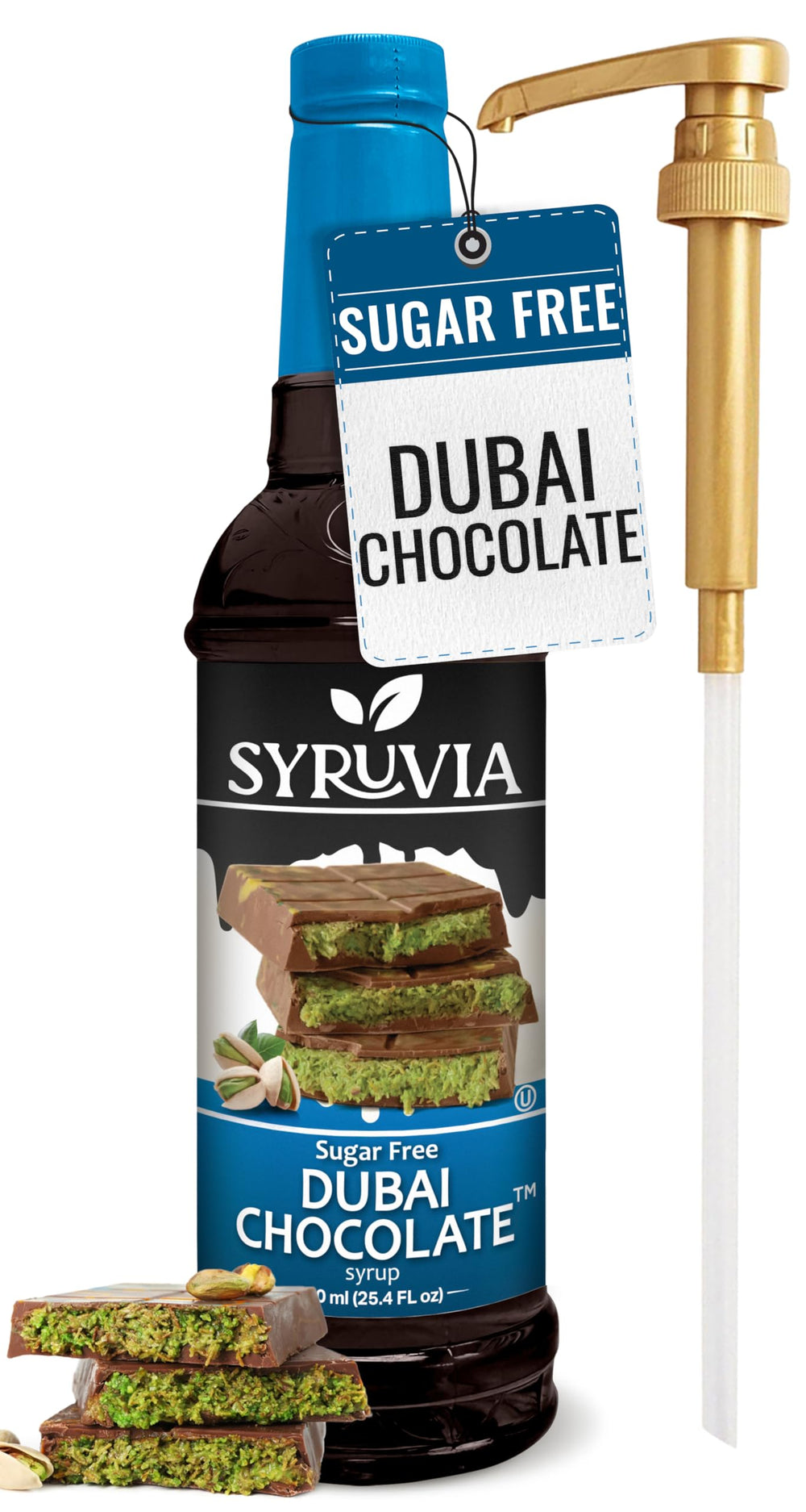 SYRUVIA front packaging showing Dubai Chocolate syrup, highlights rich flavor
