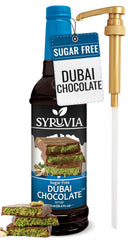 SYRUVIA front packaging showing Dubai Chocolate syrup, highlights rich flavor
