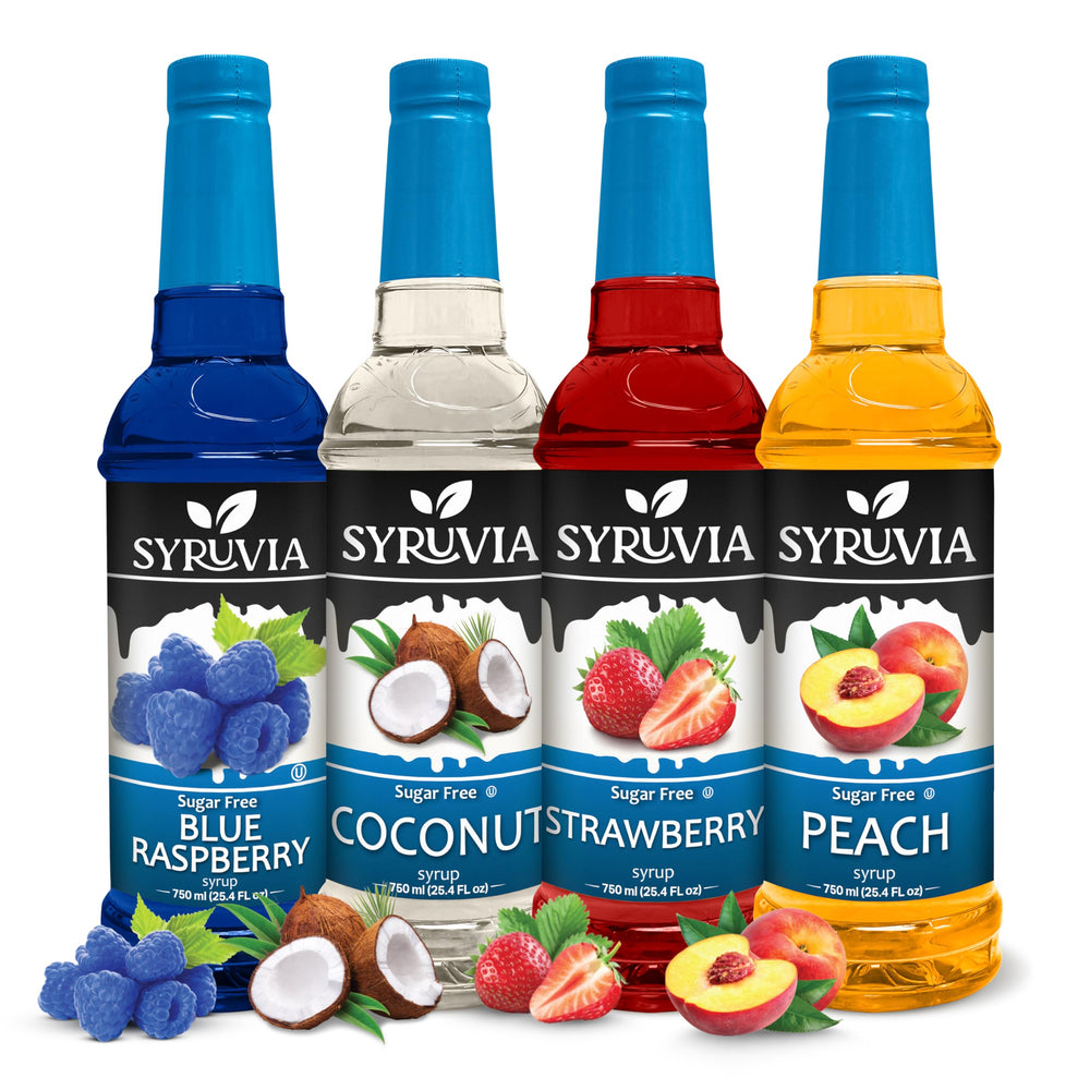 Syruvia front packaging showing four bottles and clear flavor variety benefit