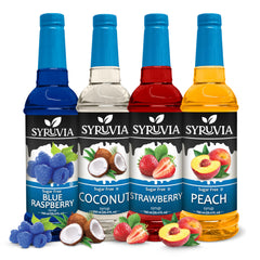 Syruvia front packaging showing four bottles and clear flavor variety benefit