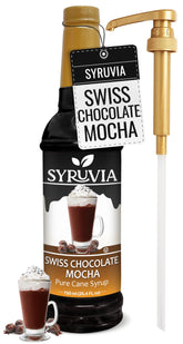 SYRUVIA front bottle image showing Swiss Chocolate Mocha flavor and pump for easy pouring