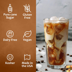 SYRUVIA poured into iced coffee in glass, enhances cold beverages and taste