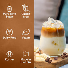 SYRUVIA being poured into a latte, shows rich white-chocolate mocha flavor boost