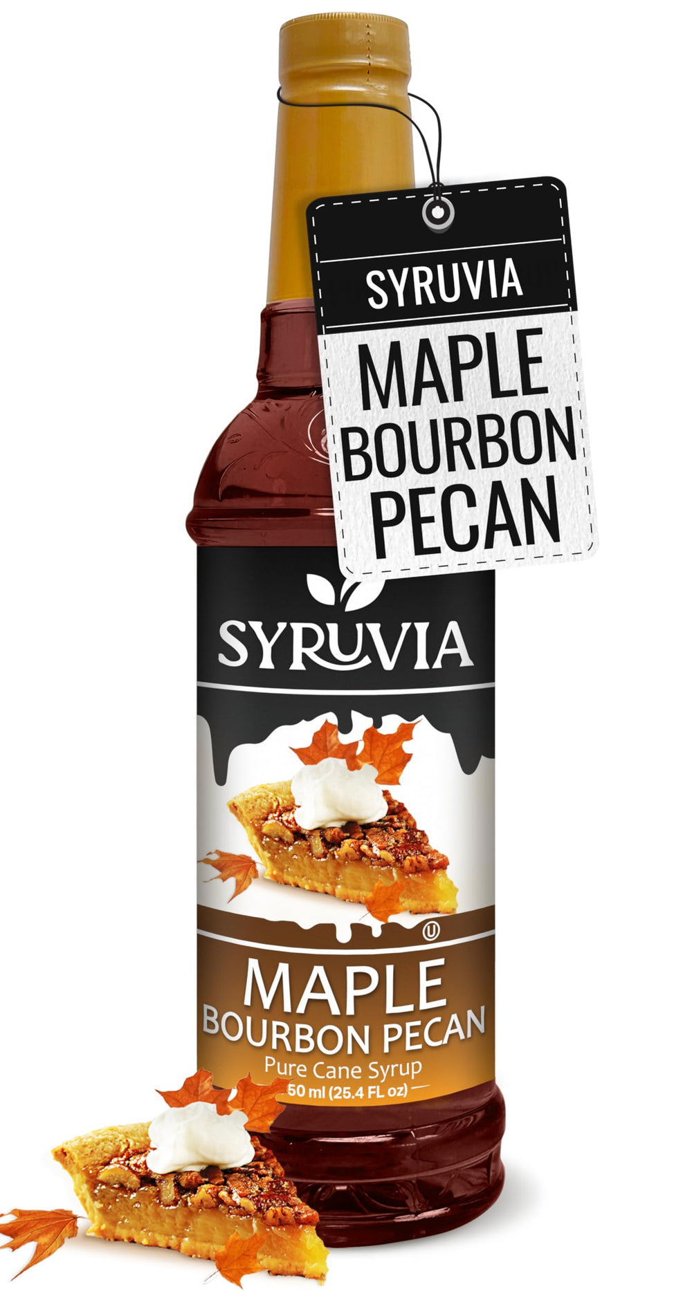 SYRUVIA front label showing maple bourbon pecan flavor and volume