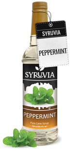 Syruvia bottle front showing peppermint syrup for easy flavoring