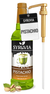 SYRUVIA bottle front view showing pistachio syrup and pump benefit convenience