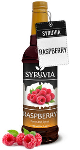 SYRUVIA front label showing raspberry syrup and clear product benefit