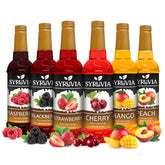 SYRUVIA six-pack front packaging showing six fruit syrup bottles and variety benefits