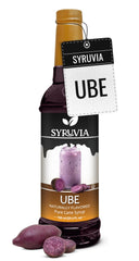 SYRUVIA front bottle shot showing ube syrup and clear branding with vibrant color benefit
