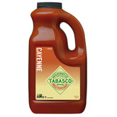 TABASCO front label on 64 oz jug showing brand and product name, clear info benefit