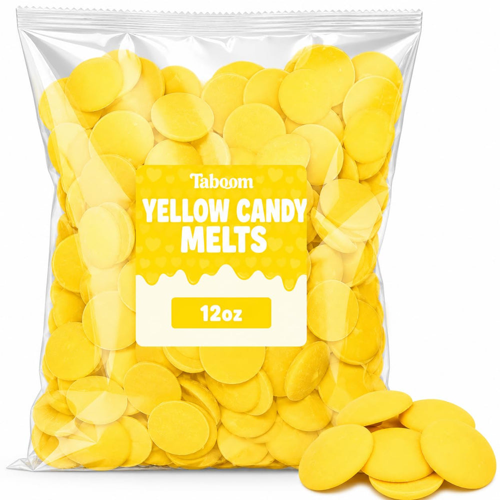 Taboom front packaging showing 12 oz yellow candy melts and vibrant coating benefit