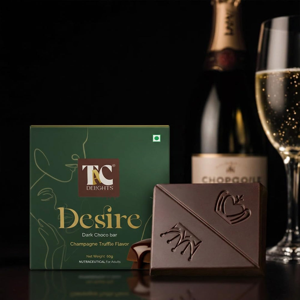 TAC Delights Desire front packaging showing three luxury bars and elegant box, gift-ready