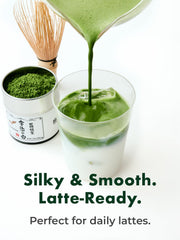 TAGASHIRA CHAHO closeup of silky stone‑milled matcha texture for smooth whisking