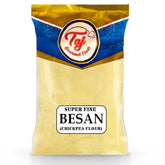TAJ Besan Flour front packaging showing brand and 4-pound bag benefit clarity