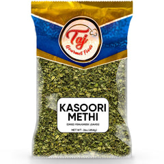 TAJ jar front view showing 1-pound kasoori methi for pantry convenience