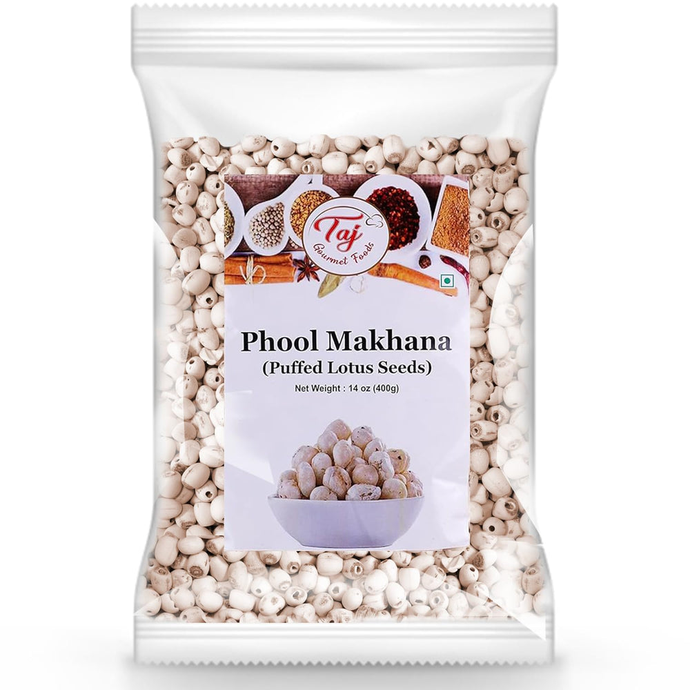 TAJ pack front view showing brand and raw phool makhana for easy customization