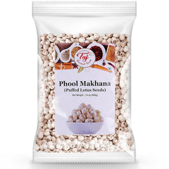 TAJ pack front view showing brand and raw phool makhana for easy customization