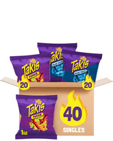 Takis front packaging showing 40-count multipack and bold branding benefit: easy grab-and-go