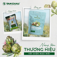 Tam Chau artichoke tea teabag steeping in a glass cup highlighting a clear, mild infusion for refreshment