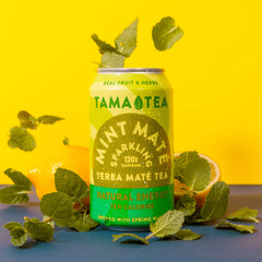 Tama Tea can top close-up highlighting carbonation and easy-open tab benefit